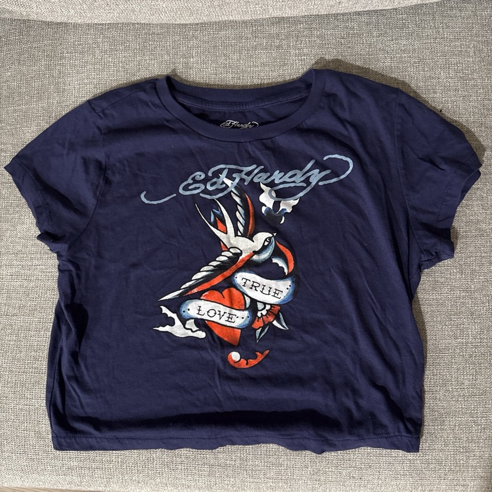 Ed Hardy Navy Blue Cropped Graphic 'True Love' Tee